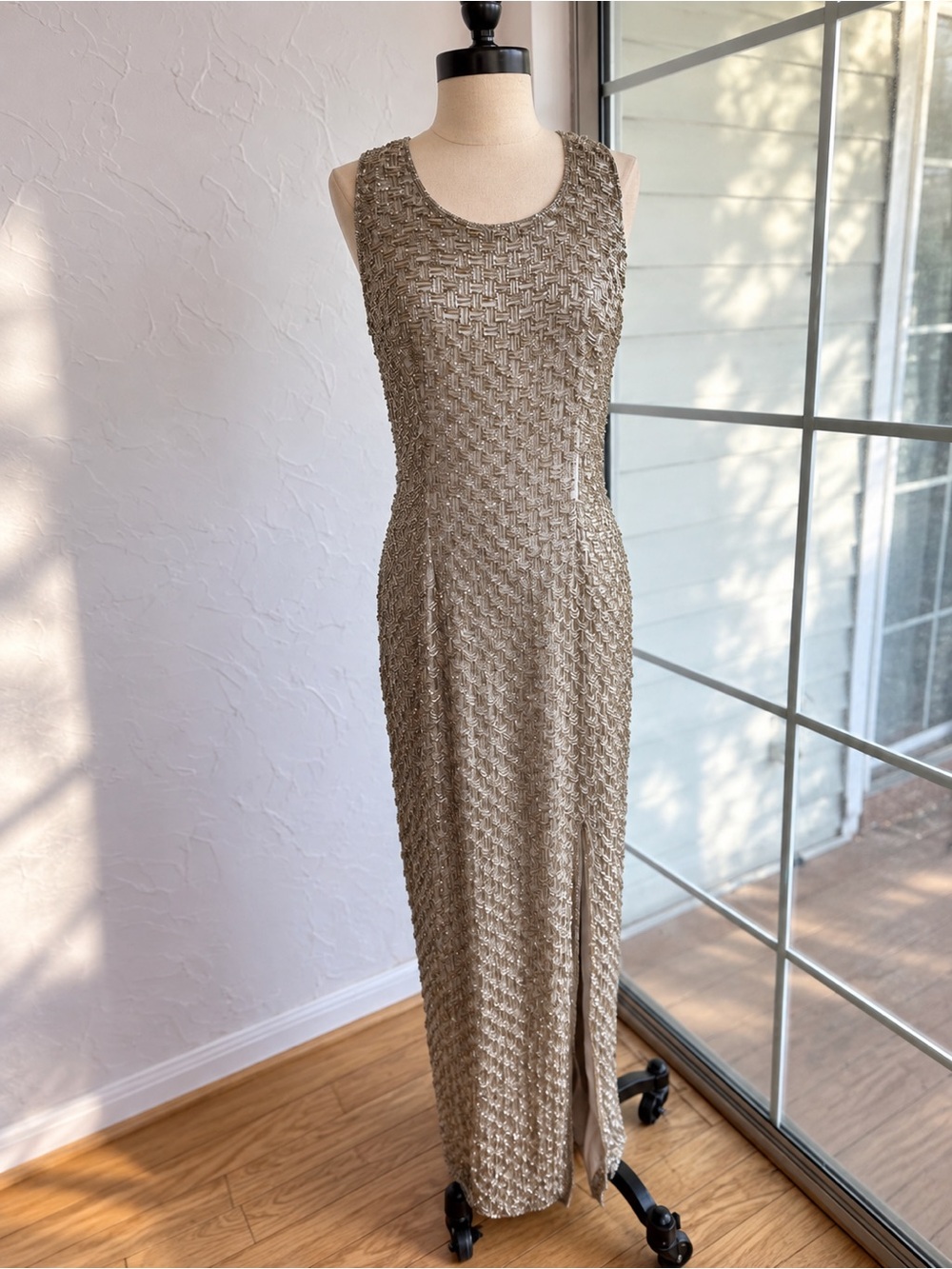 Vintage SCALA 100% Silk Beaded Maxi Dress Size L Art Deco 90s Evening Gown
Abso
